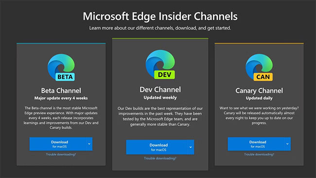 Trang Insider Channels của Microsoft Edge