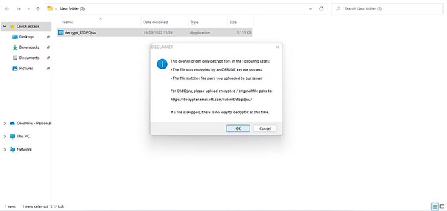 Nhấp vào nút OK sau khi đồng ý với Điều khoản cấp phép khi mở Emsisoft Decryptor cho STOPDJVU