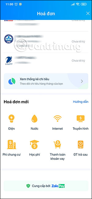 Thanh toán các hóa đơn trên ZaloPay