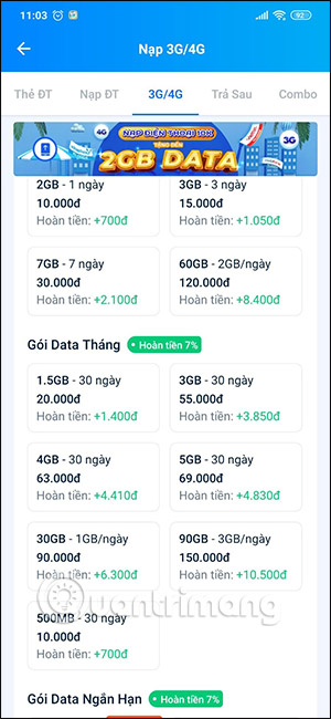 Nạp thẻ data trên ZaloPay