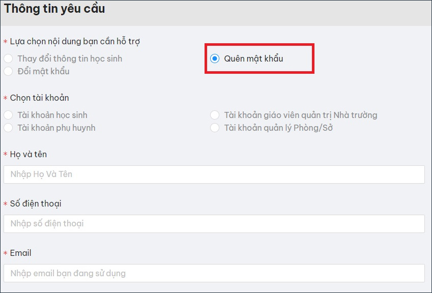 Điền thông tin IOE lấy lại mật khẩu