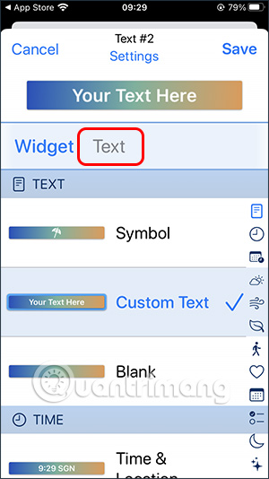 Chọn kiểu Text trên Widgetsmith