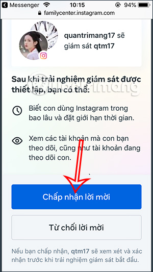 Chấp nhận lời mời giám sát Instagram