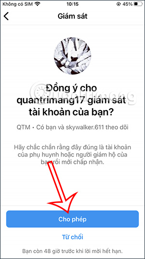Chấp nhận quyền giám sát Instagram