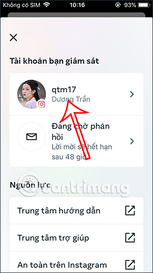 Chọn tài khoản của con Instagram