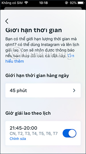 Thiết lập thời gian nghỉ dùng Instagram