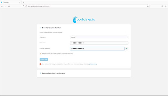 Trang đăng nhập admin Portainer