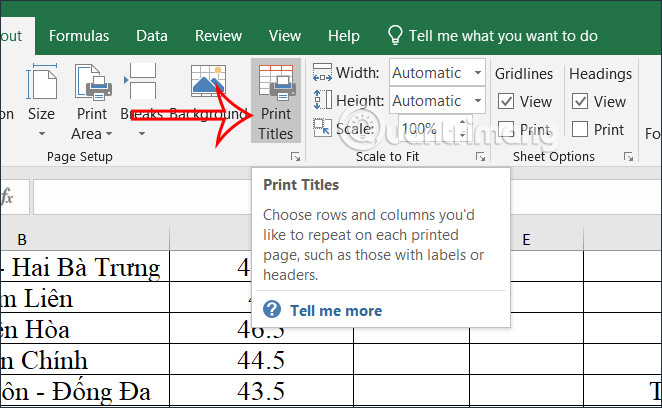 Print Titles trong Excel