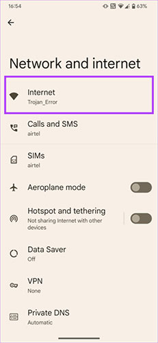 Chọn tùy chọn Internet