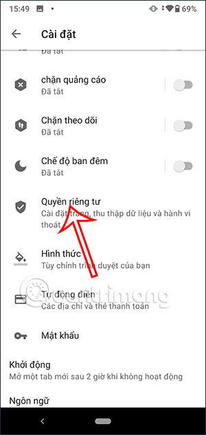 Quyền riêng tư trên Opera Android