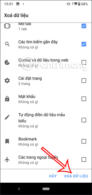 Xóa các dữ liệu Opera Android