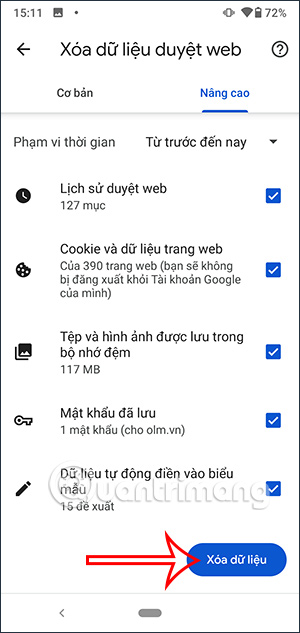 Chọn xóa dữ liệu Chrome Android