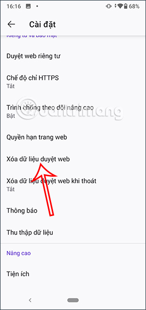 Tùy chọn xóa dữ liệu Firefox Android