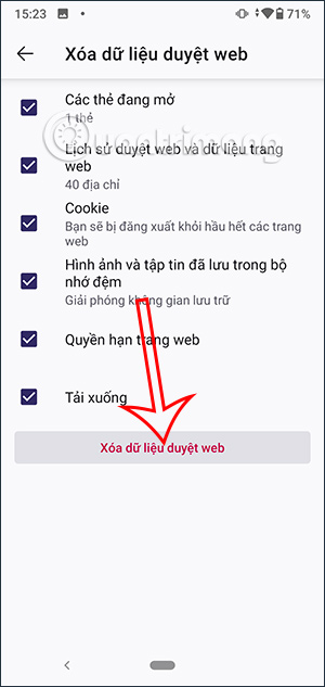 Chọn xóa dữ liệu Firefox Android