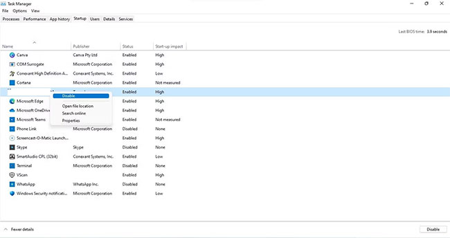 Vô hiệu hóa phần mềm độc hại sau khi định vị nó trong tab Startup trong Windows Task Manager
