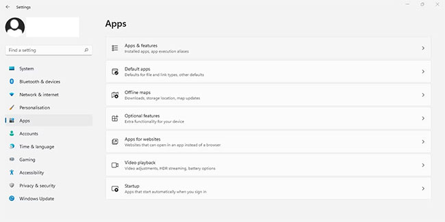 Nhấp vào tùy chọn Apps & Features trong ứng dụng Windows Settings