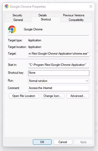 Kiểm tra Shortcut trong trường Target của Chrome thuộc cửa sổ Windows Properties