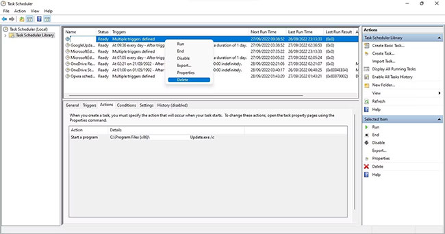 Xóa tác vụ độc hại bằn cách nhấn nút Delete