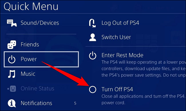 Nhấp vào tùy chọn “Turn Off PS4”