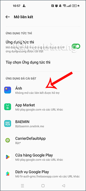 Chọn ứng dụng mở liên kết