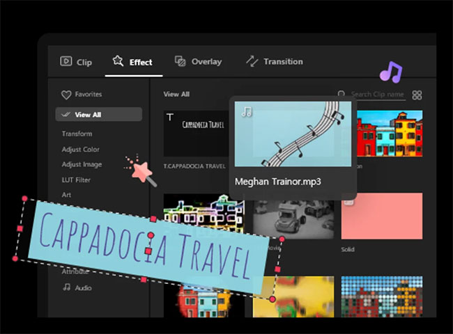 Khu vực Sources and Effects với 4 tab: Clips, Effects, Overlay và Transitions
