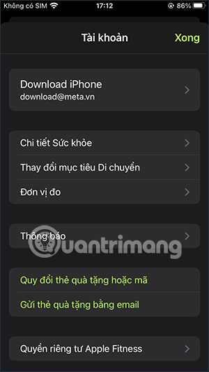 Thông tin cài đặt trên Thể dục iOS 16