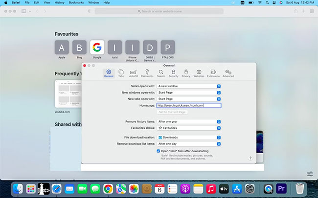 Đảm bảo trường Homepage không được đặt thành "https://search.quicksearchtool.com"