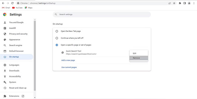Xóa địa chỉ hijacker khỏi menu khởi động trong cài đặt Chrome
