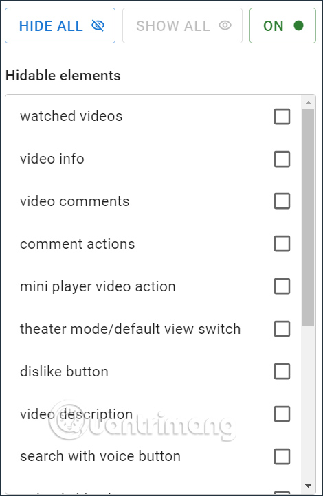 Các thành phẩn ẩn bằng YouTube Settings
