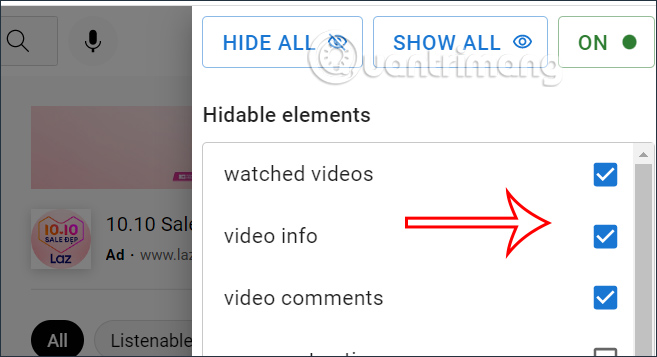 Chọn ẩn thành phẩn bằng YouTube Settings