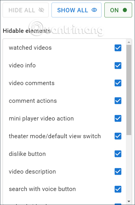 Ẩn tất cả thành phẩn bằng YouTube Settings
