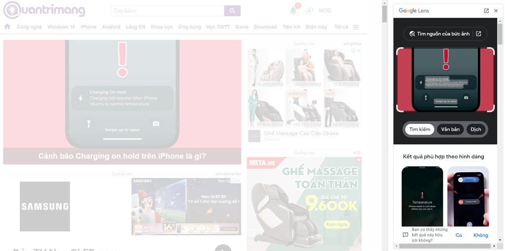 Kết quả tìm kiếm phía bên phải cửa sổ Chrome