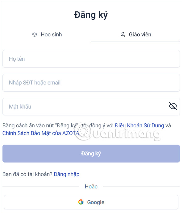 Điền thông tin tài khoản Azota