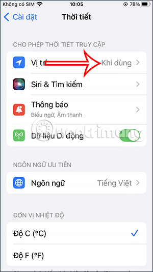 Chỉnh chế độ vị trí trên Thời tiết