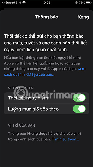 Bật báo cáo sự cố thời tiết trên iPhone