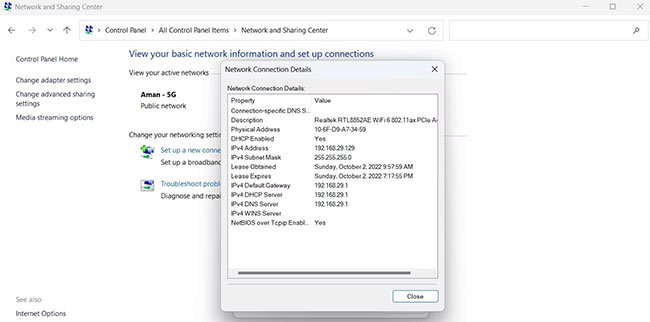 Xem DNS server trong cửa sổ Control Panel