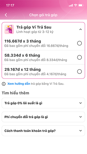 Kỳ hạn trả góp trên Ví trả sau trên MoMo