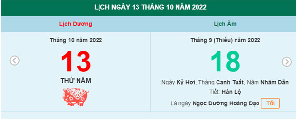 Xem lịch ngày 13/10/2022