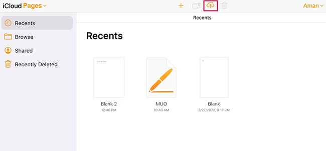 Biểu tượng upload trong iCloud Pages