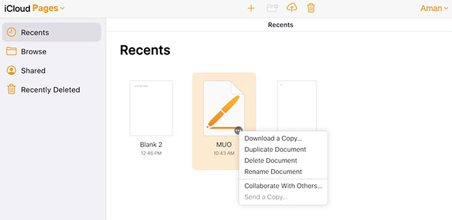 Tùy chọn Download a copy trong iCloud Pages