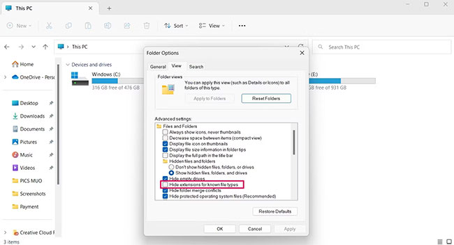 Tùy chọn ẩn phần mở rộng cho các loại file đã biết trong File Explorer