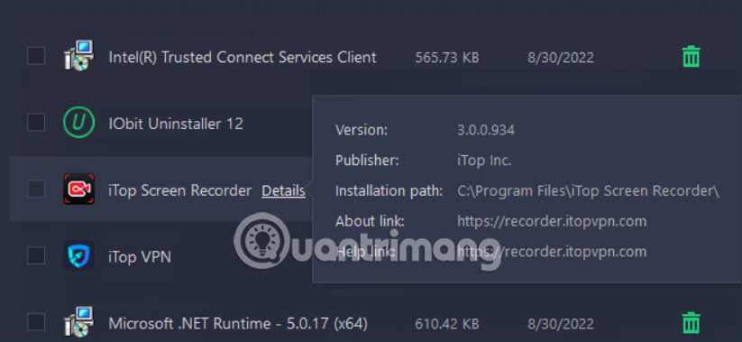 Thông tin phần mềm trên IObit Uninstaller