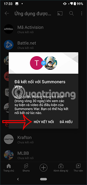 Hủy kết nối với YouTube
