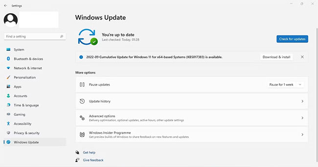 Kiểm tra các bản cập nhật Windows có sẵn trong ứng dụng Windows Settings