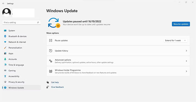 Tiếp tục cập nhật Windows bị tạm dừng trong ứng dụng Windows Settings