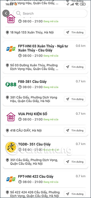 Địa điểm hỗ trợ giao dịch MoMo