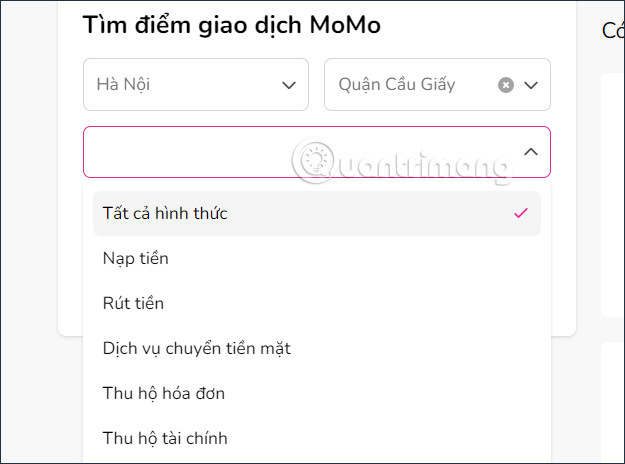Chọn giao dịch trên MoMo