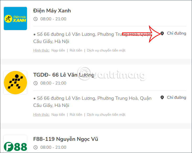 Địa điểm giao dịch của MoMo