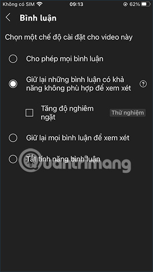 Chỉnh chế độ bình luận video YouTube Shorts