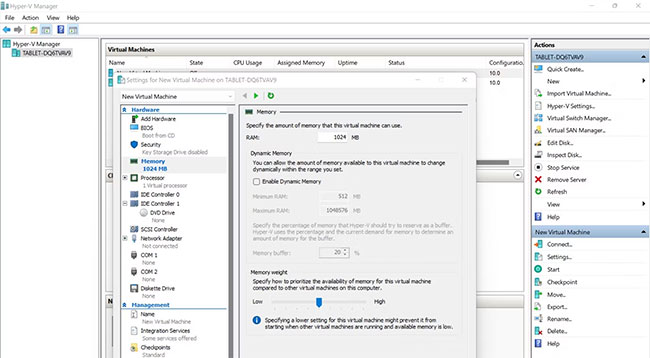 Thay đổi việc cấp phát bộ nhớ của máy ảo qua cửa sổ cài đặt của nó trong Hyper-V Manager